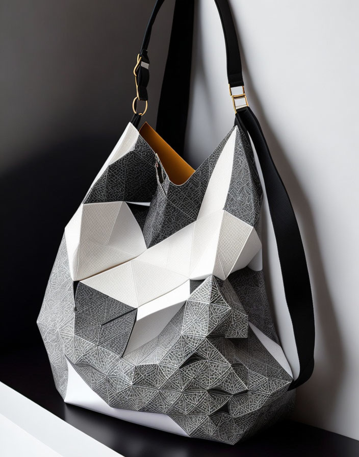 Geometric Black and White Handbag on Gray and White Background