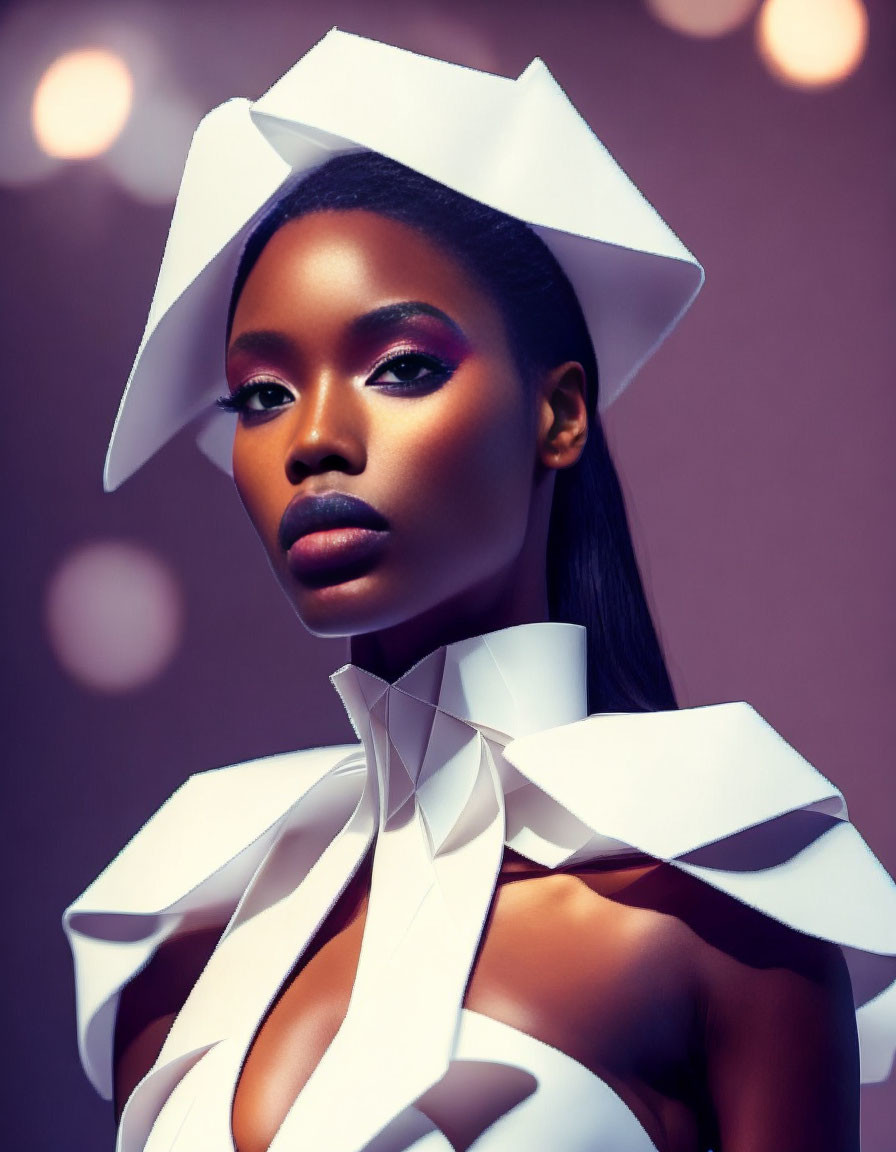 Avant-garde makeup and white folded paper collar on woman in soft-lit backdrop