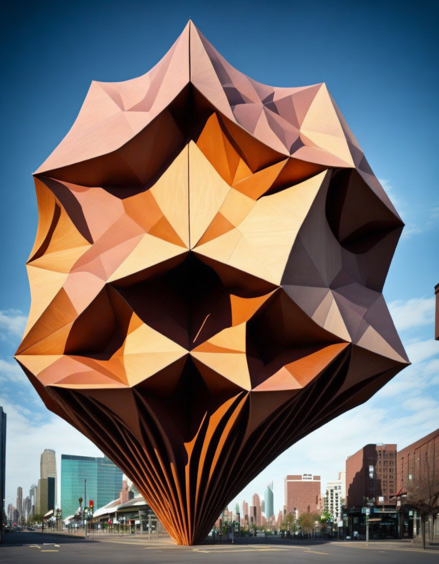 Diamond-shaped wooden building in urban skyline.