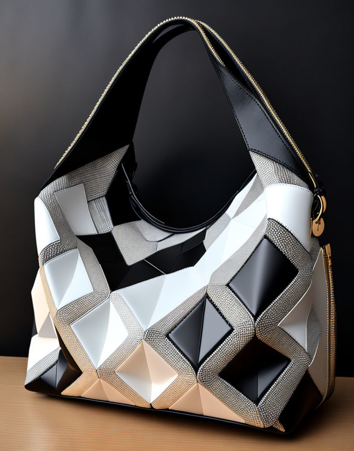 Geometric-patterned handbag with black, white, and metallic panels on dark background