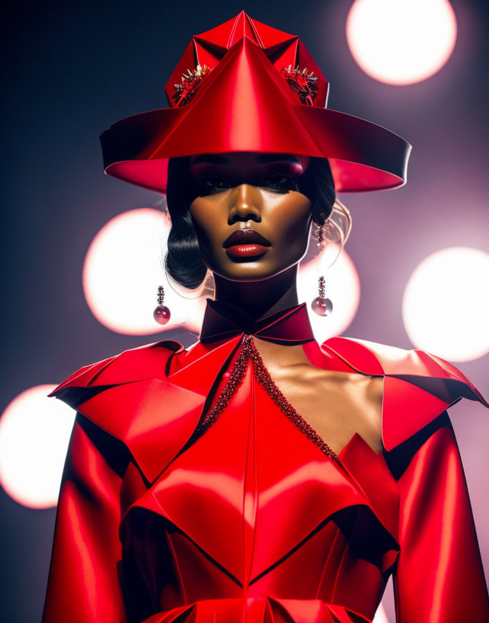 Model in Red Origami-Inspired Outfit with Geometric Designs