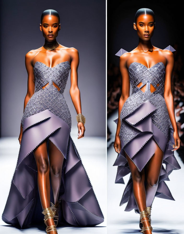 Futuristic runway dress with geometric patterns and metallic gold footwear