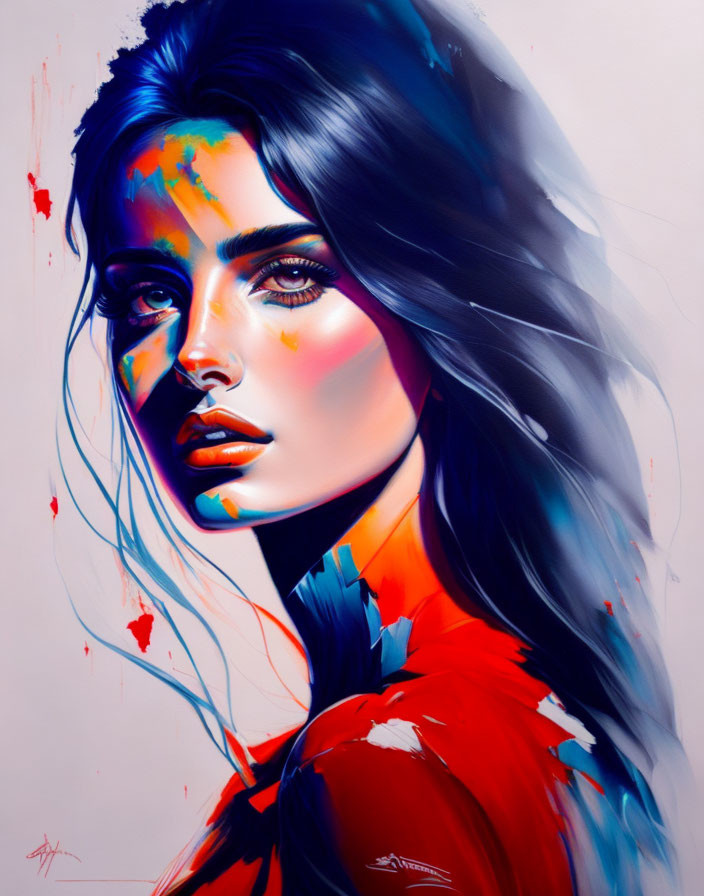 Colorful portrait of woman with blue eyes and dark hair in abstract red and blue splash