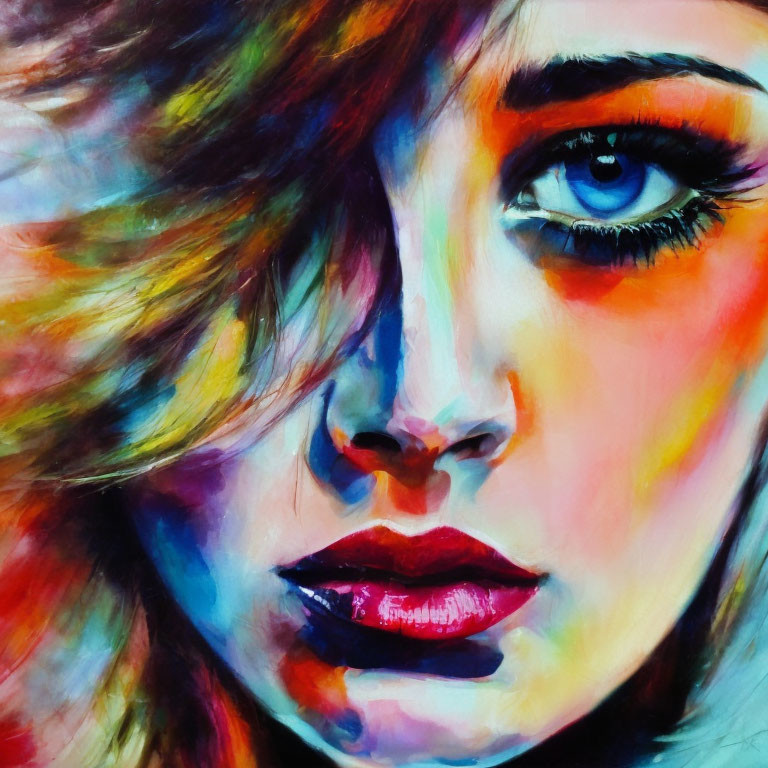 Vibrant abstract portrait of a woman with colorful hues