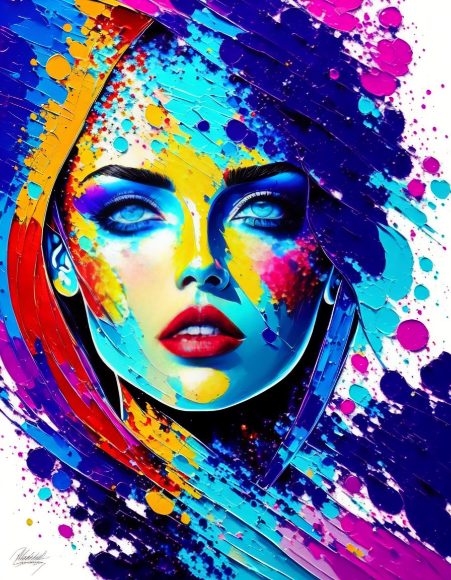 Colorful abstract painting of a woman's intense gaze and bold strokes