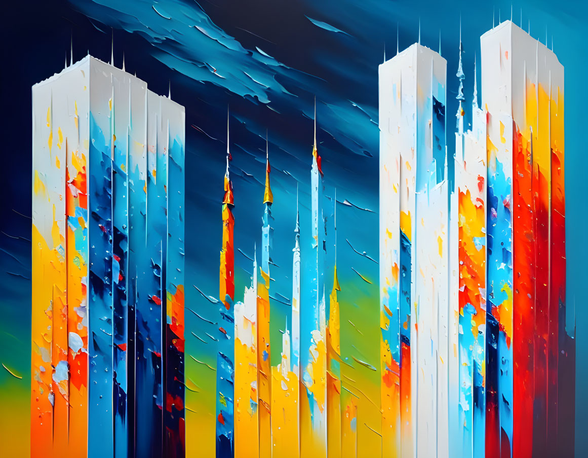 Vibrant abstract skyscraper painting under stormy sky