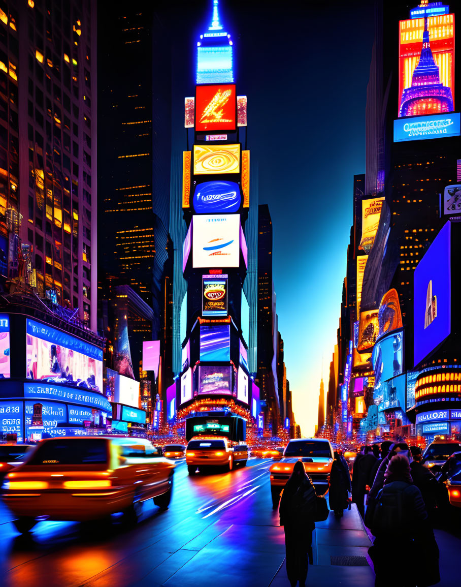 Vibrant Times Square scene with illuminated billboards and neon signs