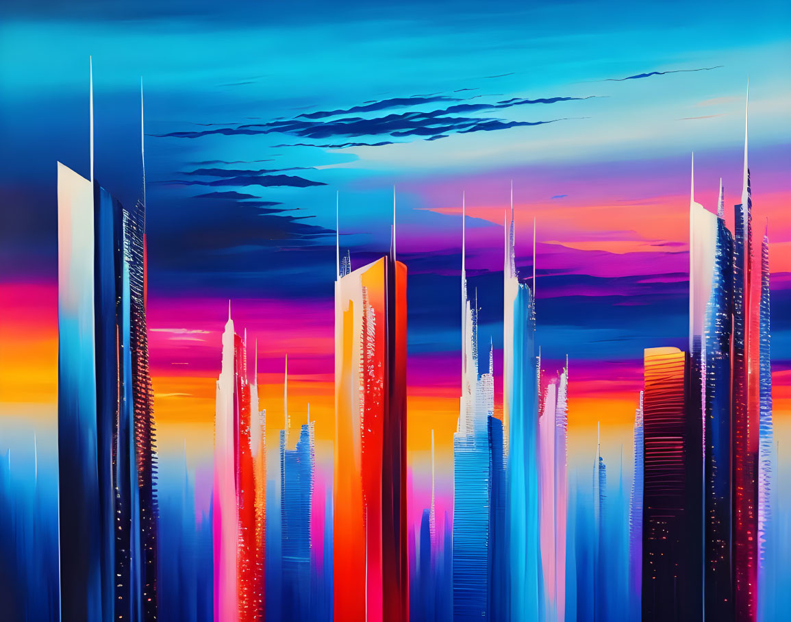 Colorful Abstract Cityscape Painting with Dynamic Sky and Skyscraper-like Lines