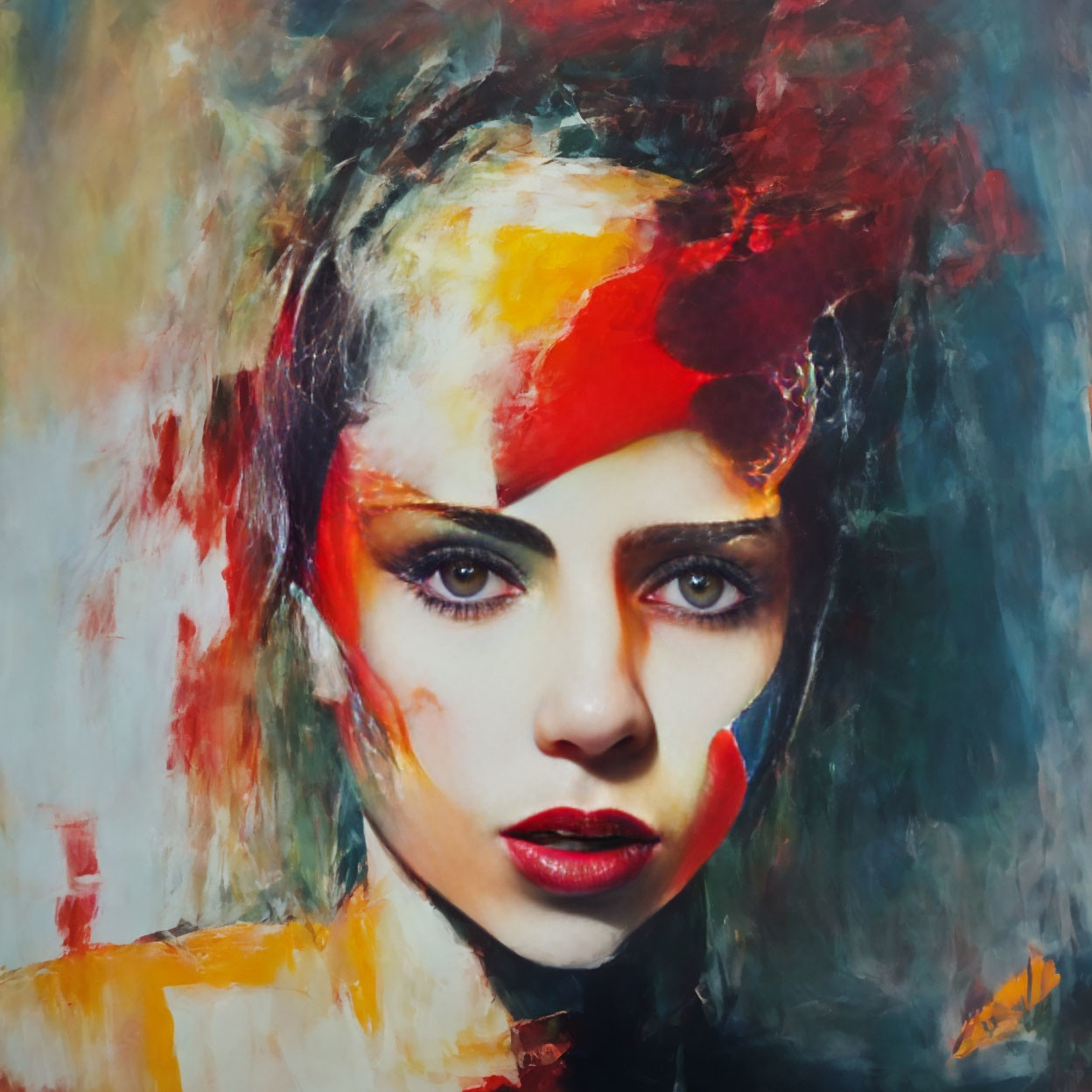 Colorful abstract portrait of a woman with intense eyes and red lips