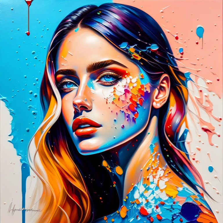 Colorful Paint Splatter Portrait of Woman