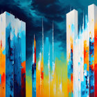 Vibrant abstract skyscraper painting under stormy sky