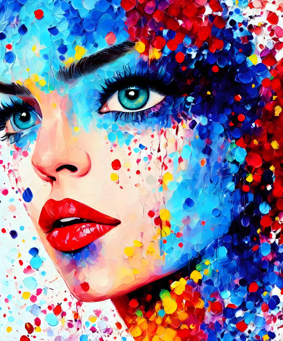 Colorful portrait of a woman with blue eyes and red lips