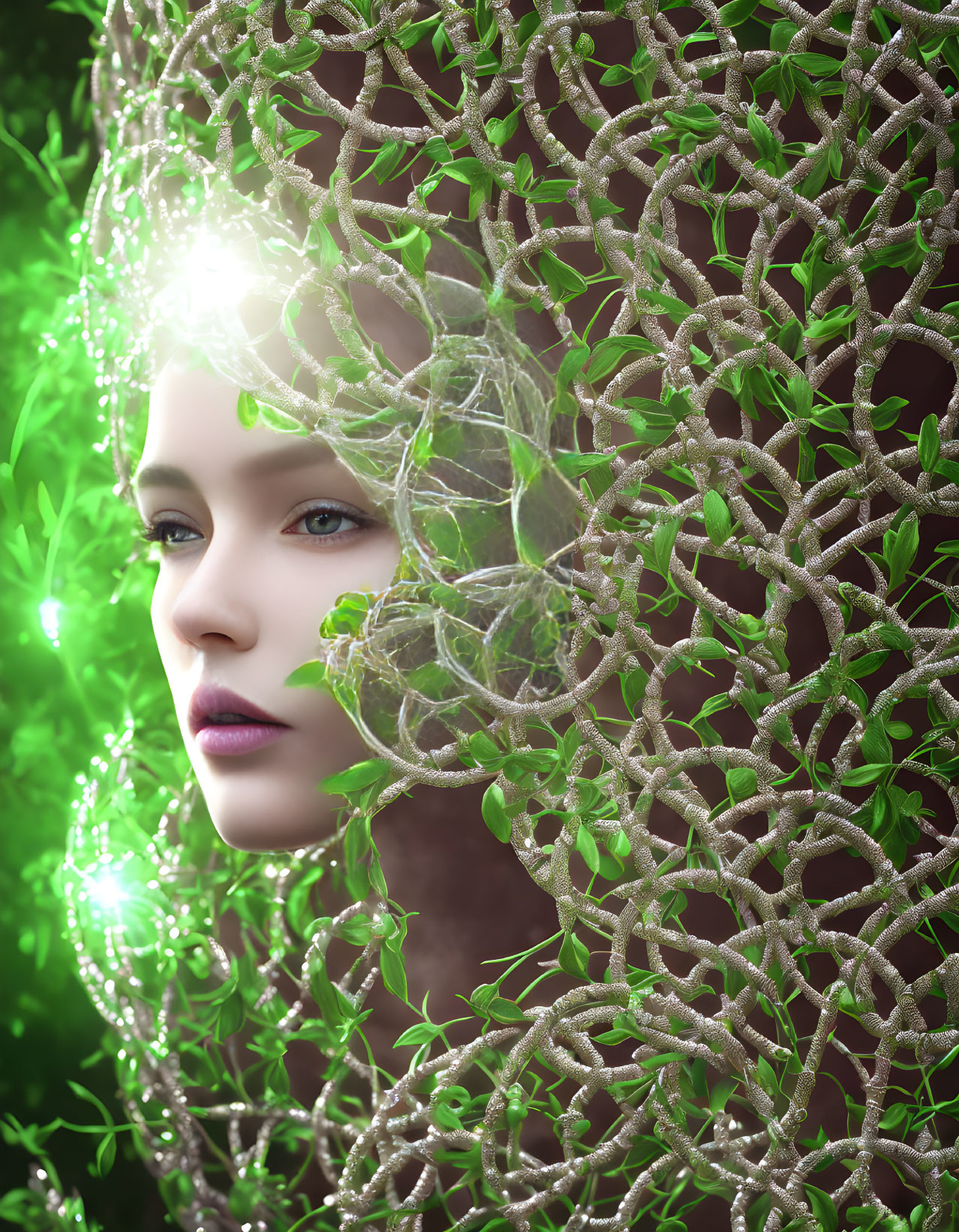 Surreal portrait of woman's face in green vines and leaves