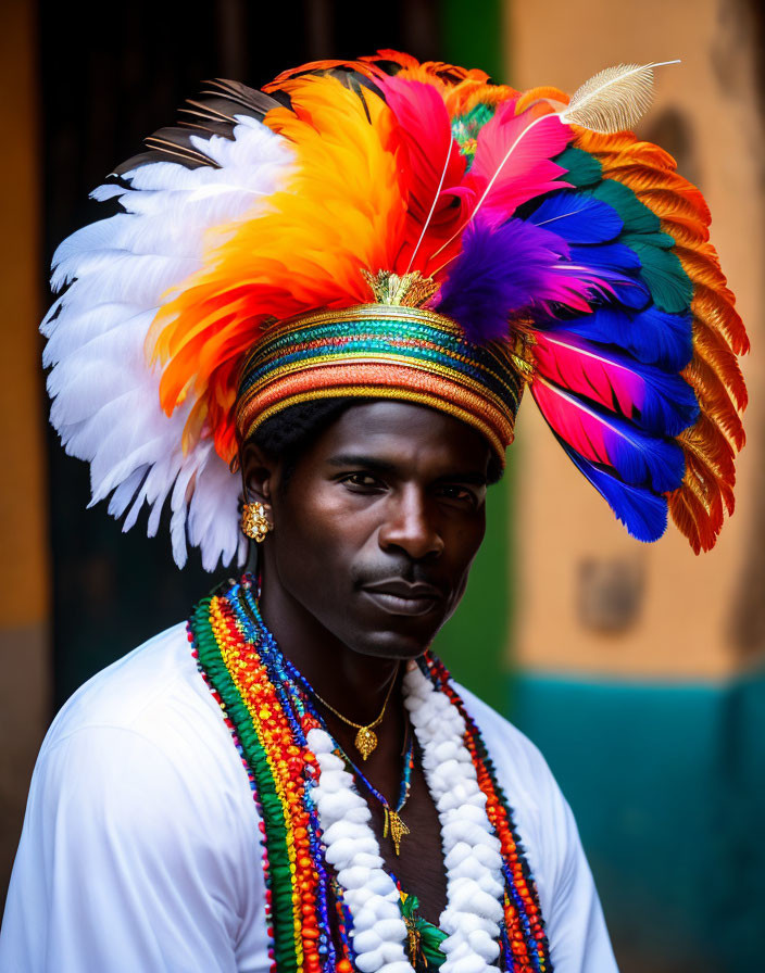 Vibrant feather headdress and colorful beaded necklaces on a person in white outfit