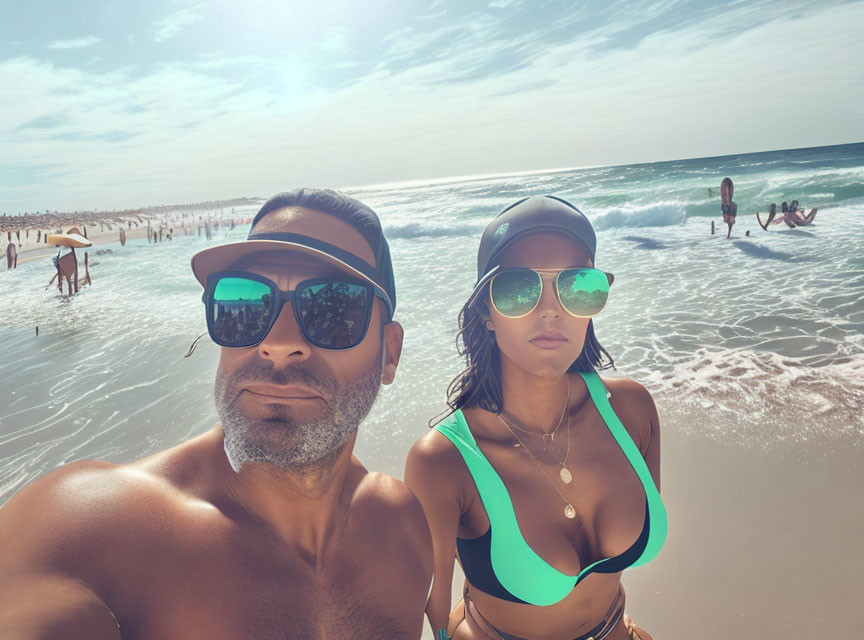 Two individuals in sunglasses taking selfie on sunny beach with beachgoers.