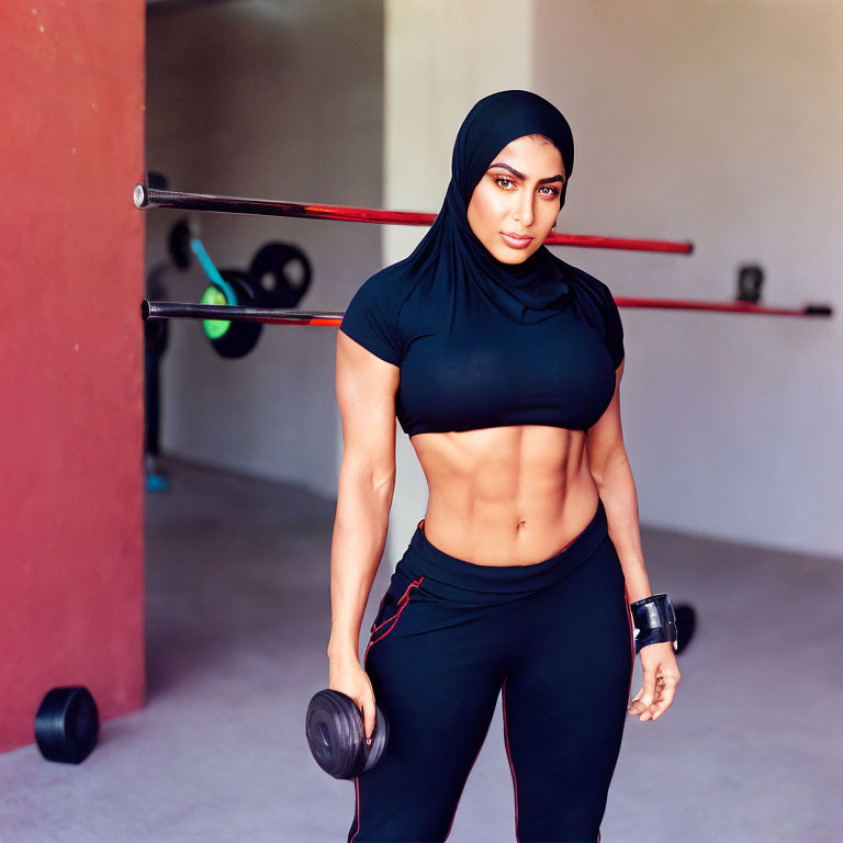 Muscular woman in hijab with dumbbell in gym setting