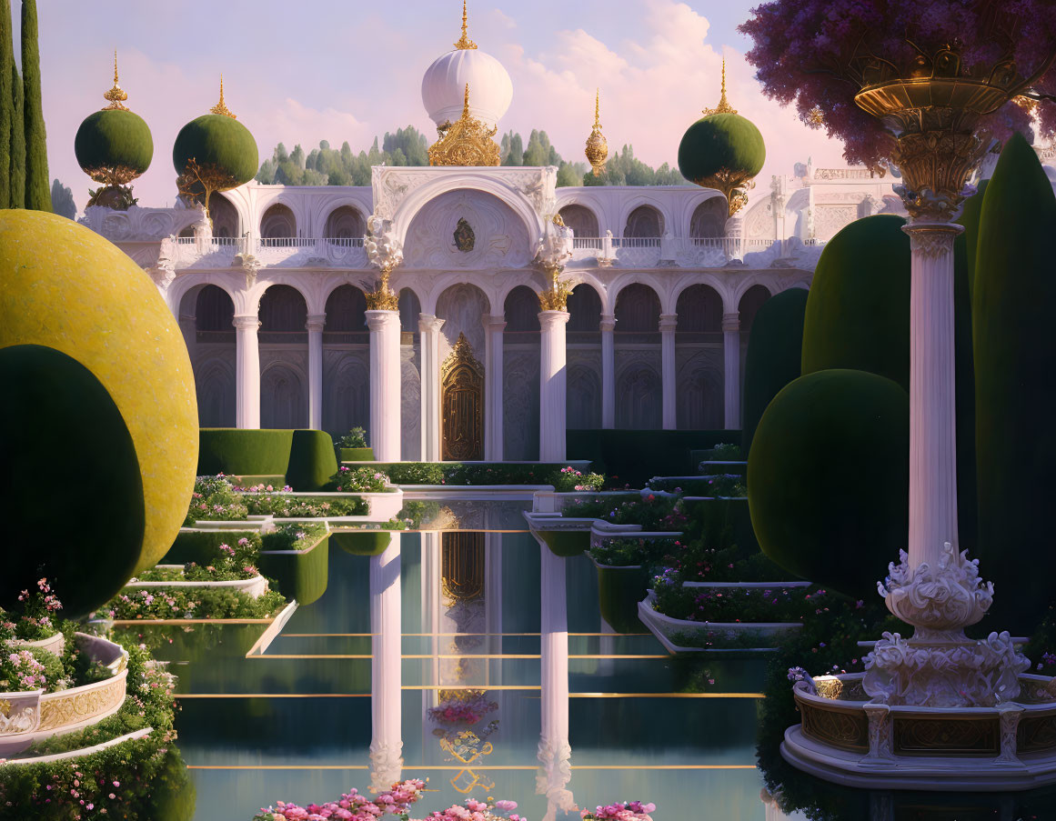 Ornate white palace with green topiaries and purple trees in serene landscape