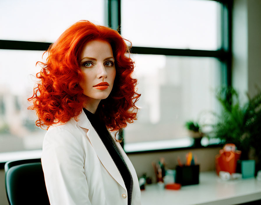 Red-haired woman in white blazer by office window