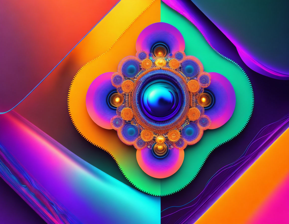 Vibrant Abstract Fractal Design with Layered Shapes and Intricate Patterns