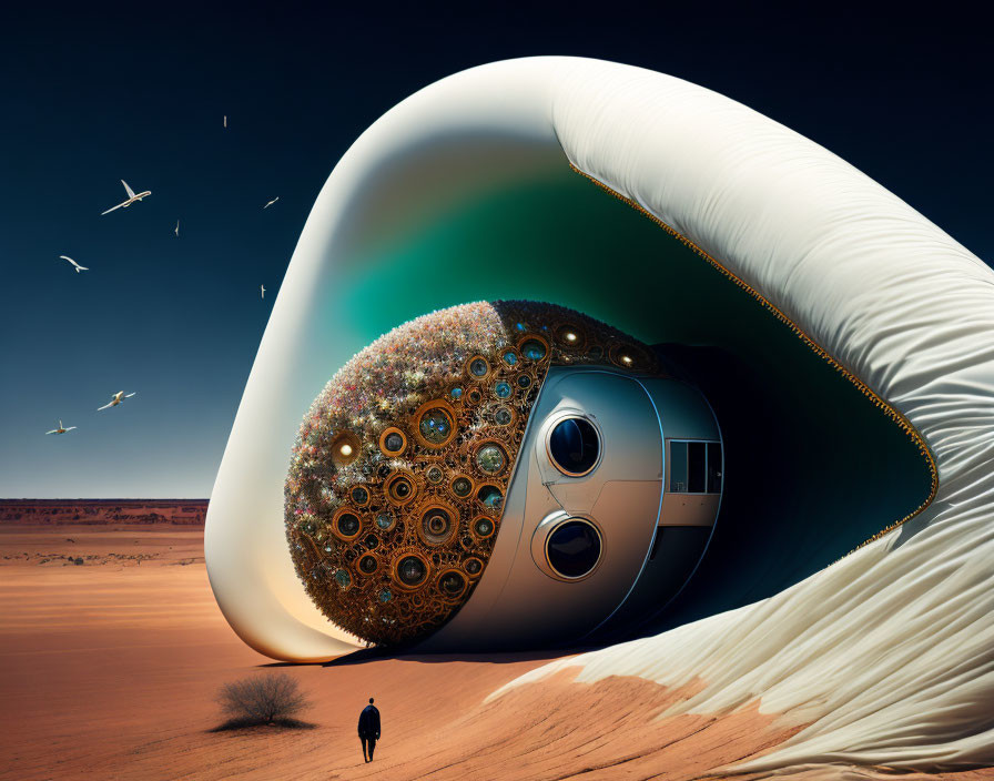 Person walking towards massive, shell-like structure in surreal desert landscape