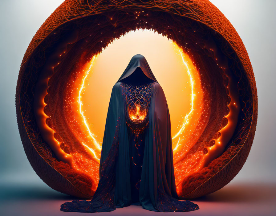 Cloaked Figure Standing Before Fiery Portal