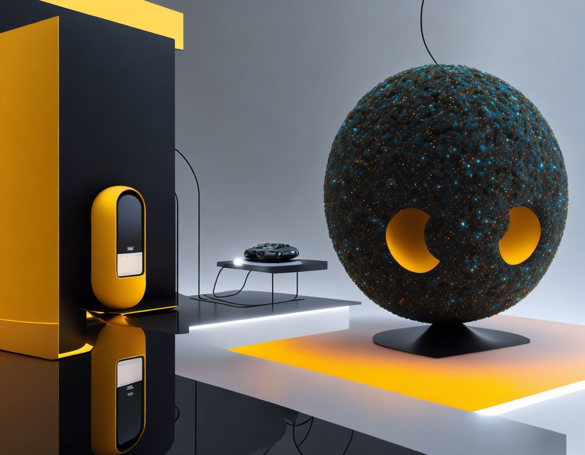 Contemporary Art Installation with Spherical Object, Standing Structure, and Stylish Table