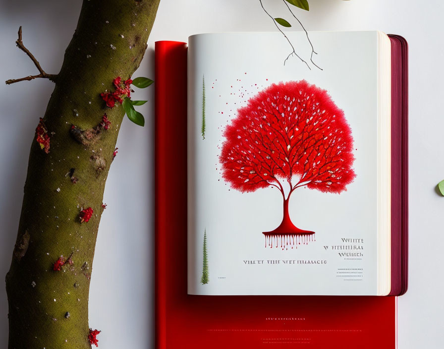 Vivid red book cover with stylized tree illustration and real branch on white background