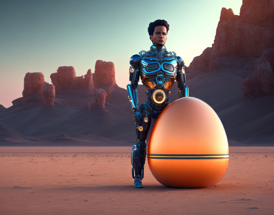 Robotic person next to glowing orb in desert landscape