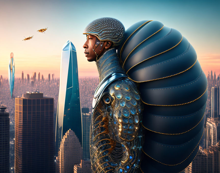 Futuristic warrior in armored suit overlooking advanced cityscape