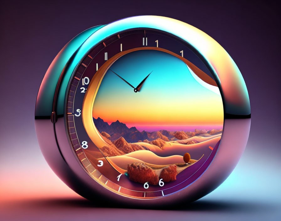 Clock with desert landscape: mountains, dunes, purple sky