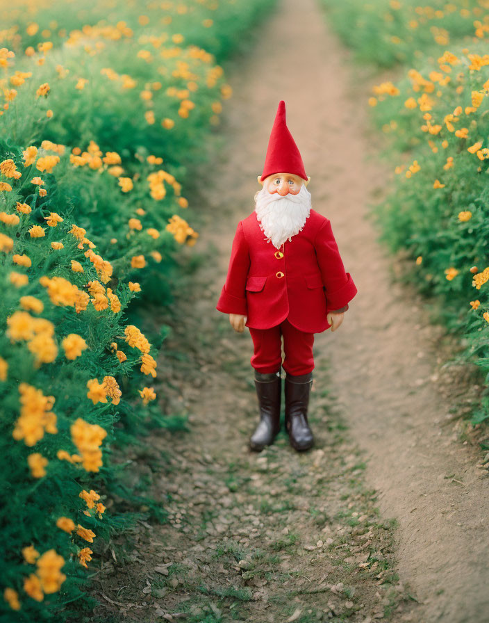 Red Outfit Gnome Figurine among Yellow Flowers on Dirt Path