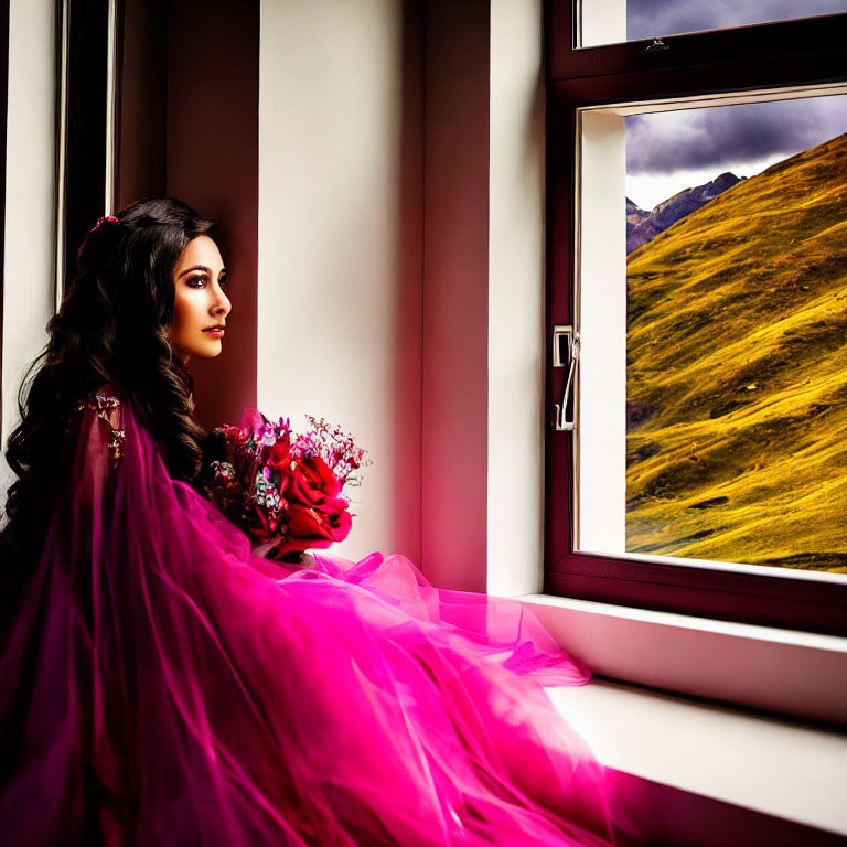 Woman in pink dress with bouquet admiring mountain view from window