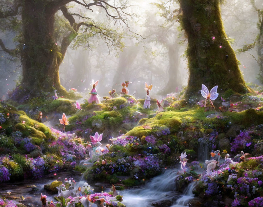 Enchanted forest with fairies, flowers, moss-covered trees, and a serene stream