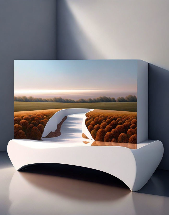 Serene landscape canvas print on white shelf against gray wall