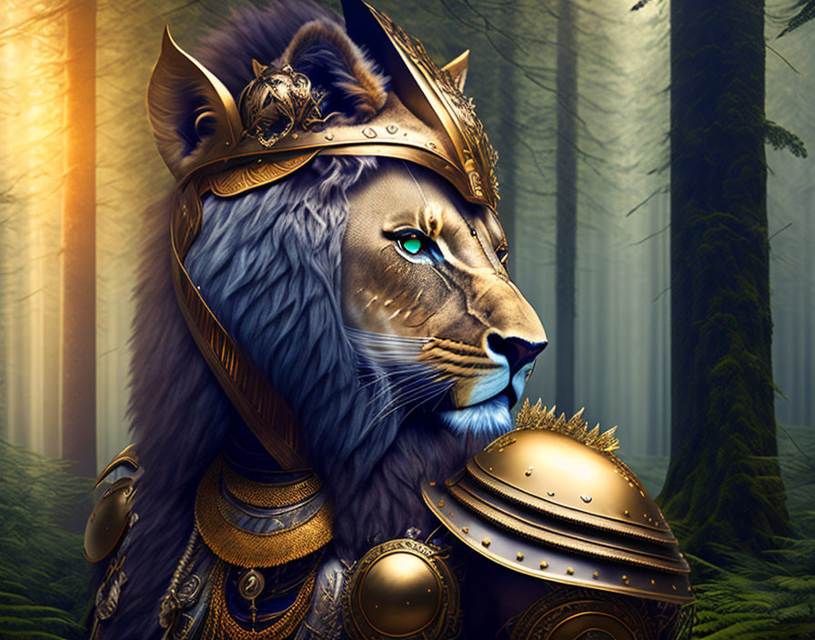 Regal lion with blue eyes in golden crown and armor in misty forest