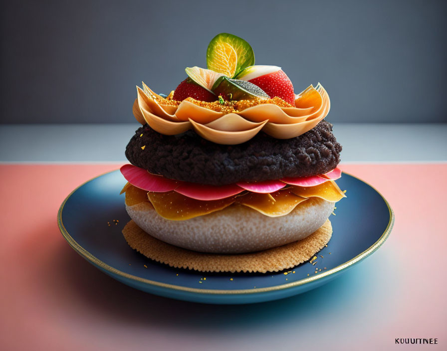 Burger-themed dessert with chocolate waves and citrus slices