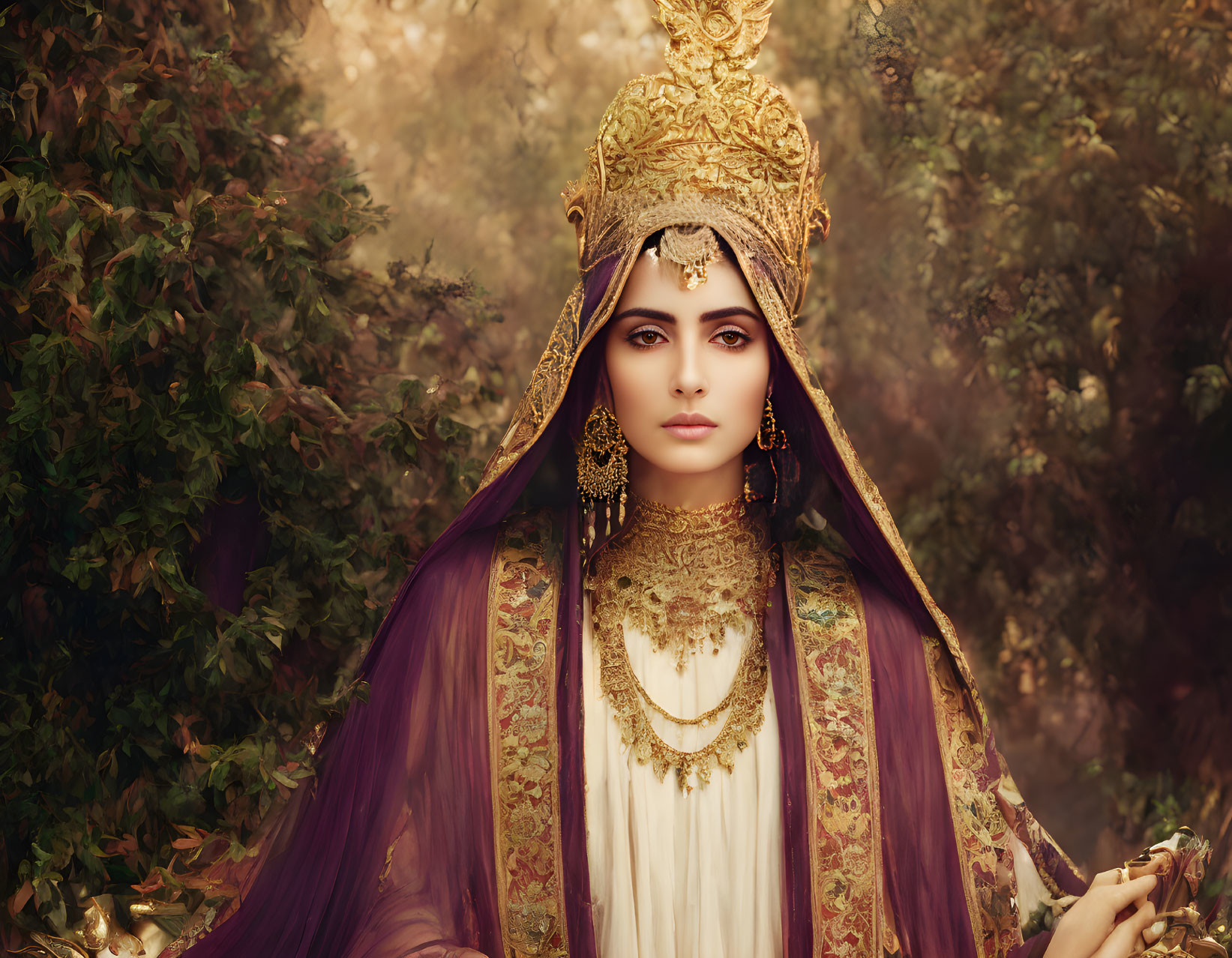 Elaborate gold headdress woman in misty forest