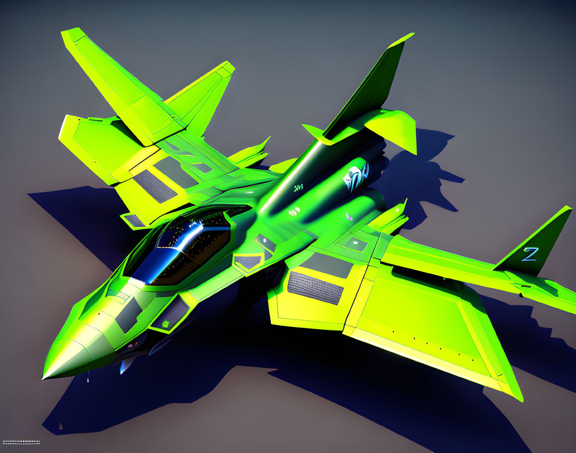 Futuristic green and black jet with angular wings on reflective surface