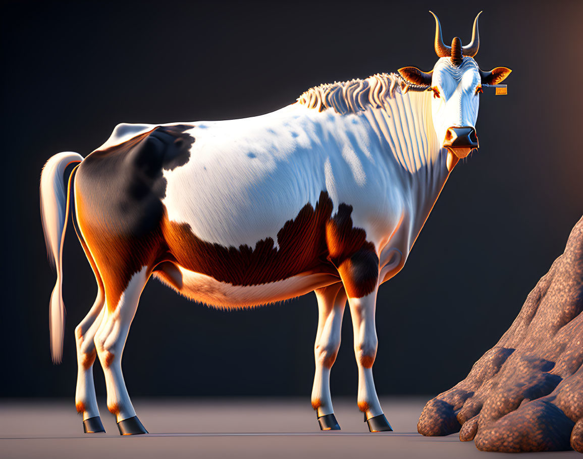 Detailed 3D cow illustration with brown and white markings on dark background