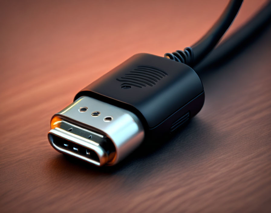 Black HDMI Cable with Male Connector on Wooden Surface