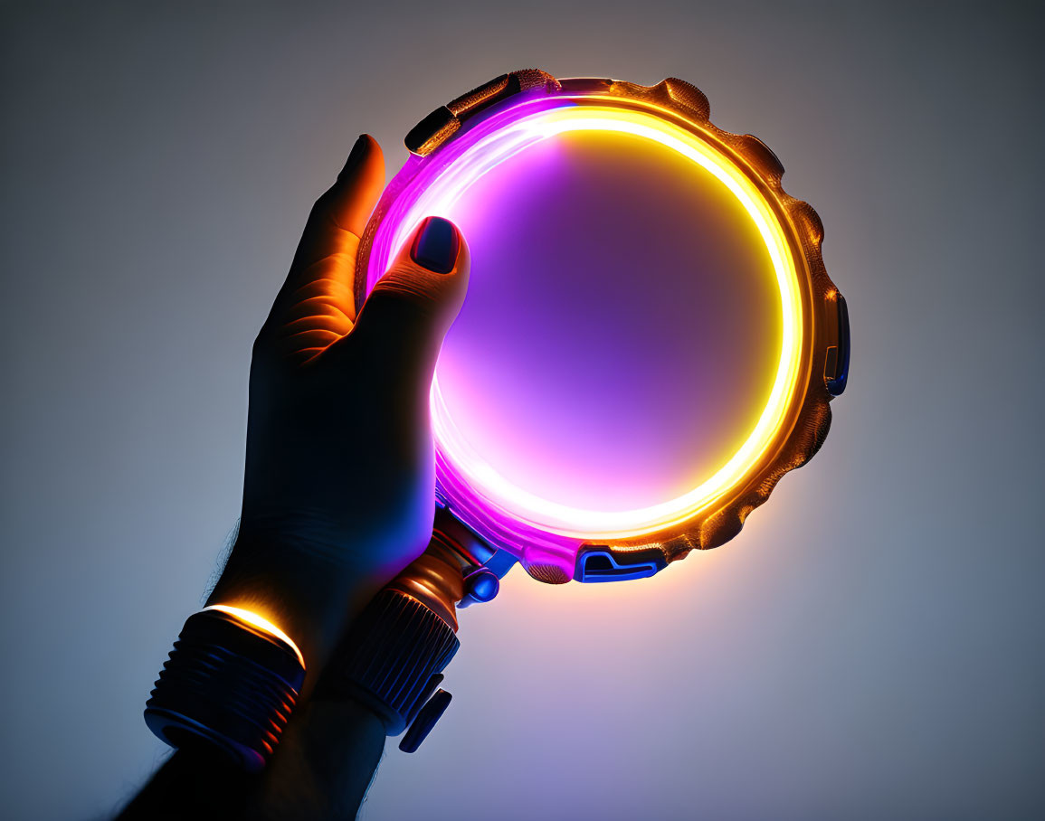 Glowing circular neon light device in hand against dark background