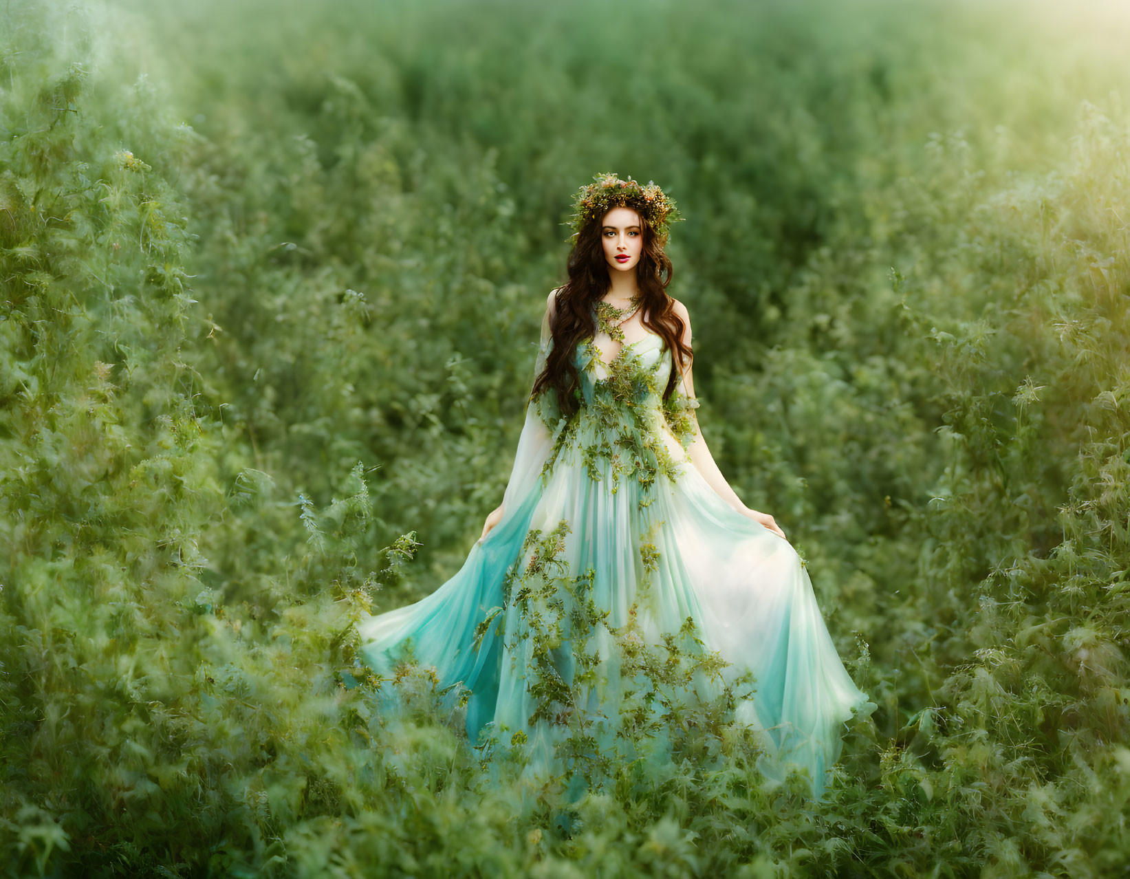 Woman in green ethereal dress surrounded by lush greenery.