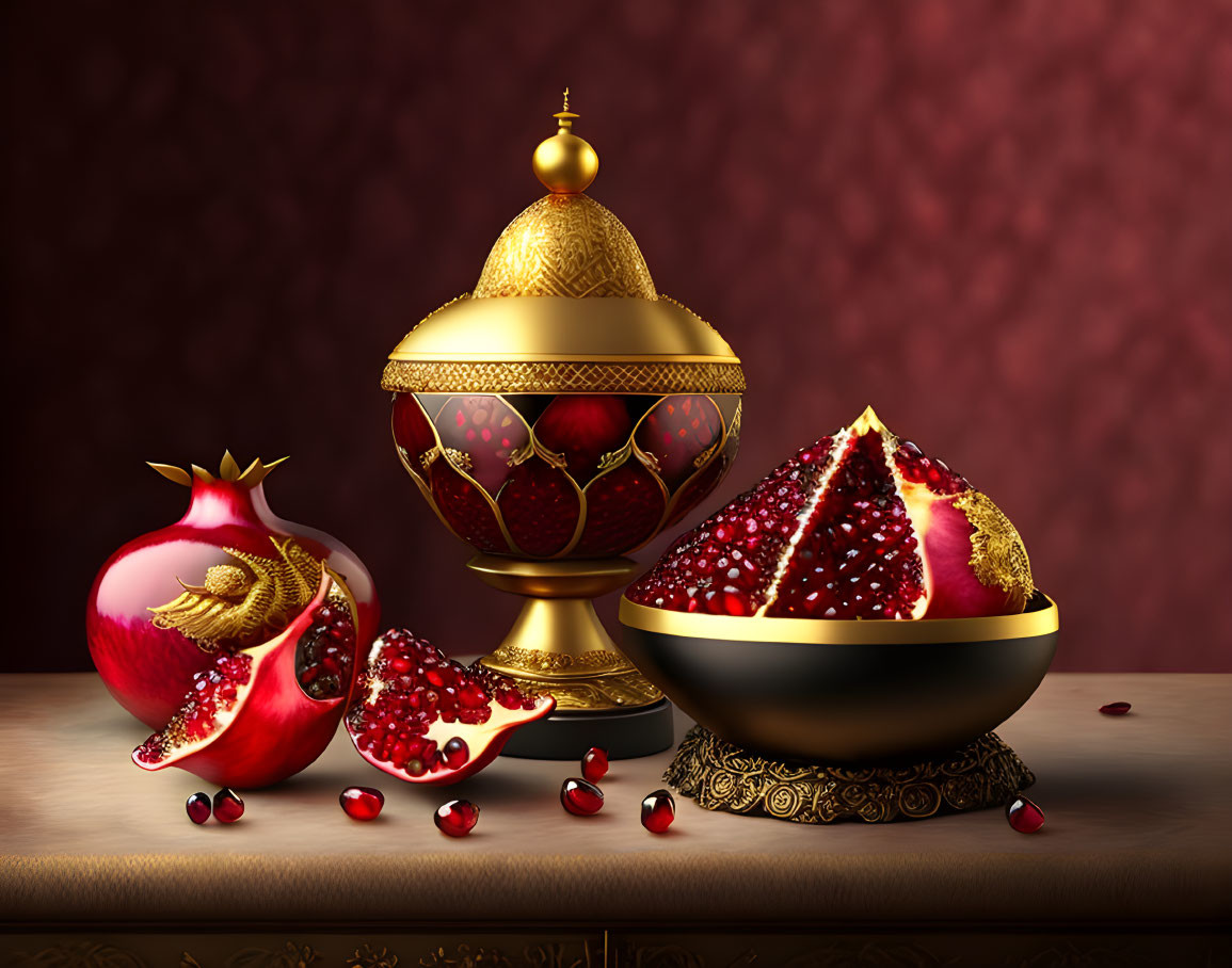 Golden goblet, pomegranate, and seeds on dark backdrop