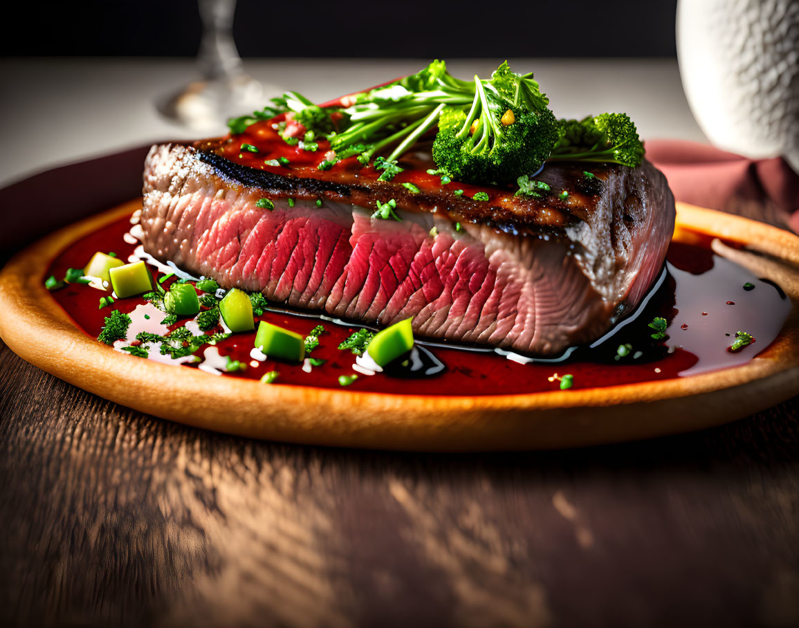 Juicy medium-rare steak with parsley, herbs, and sauce on wooden plate, wine glass.