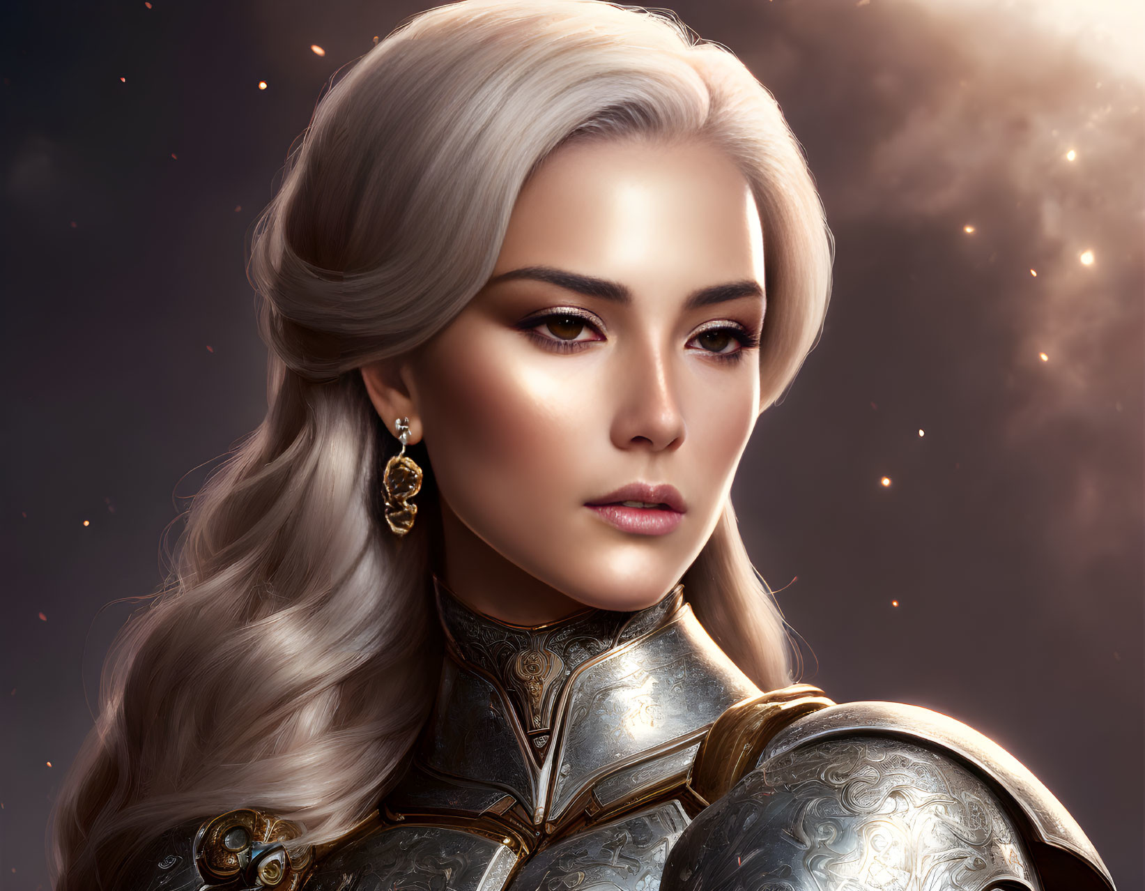 Silver-haired woman in detailed armor against cosmic backdrop