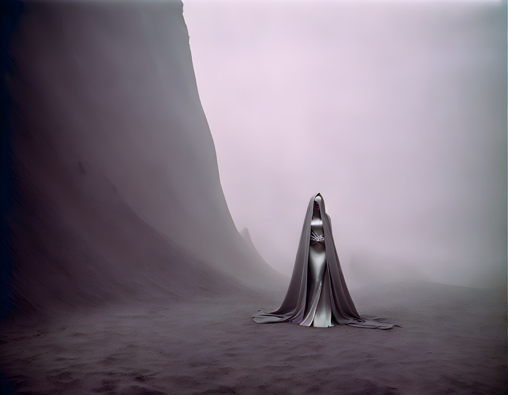 Veiled figure in misty desert with dunes and cliff