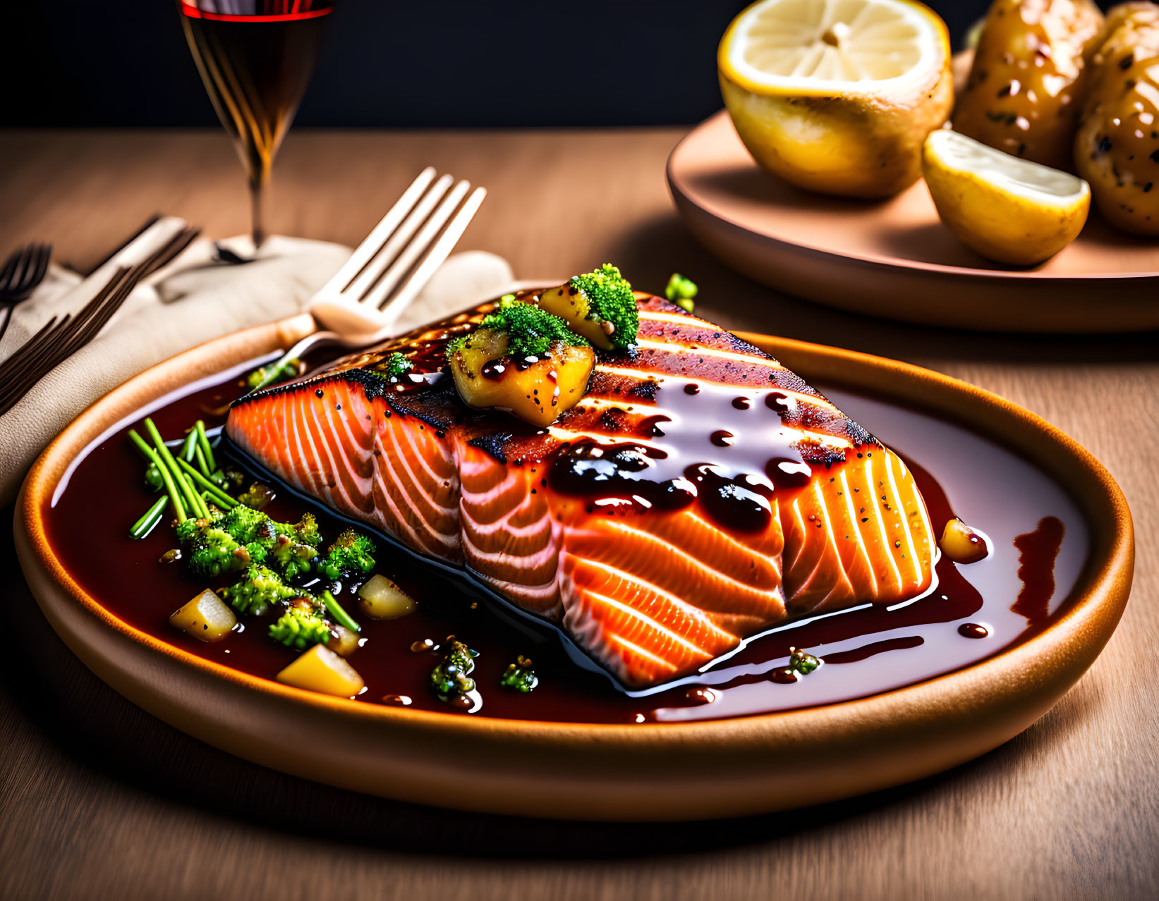 Grilled Salmon Fillet with Glaze, Broccoli, Lemon, Wine, and Bread Rolls on