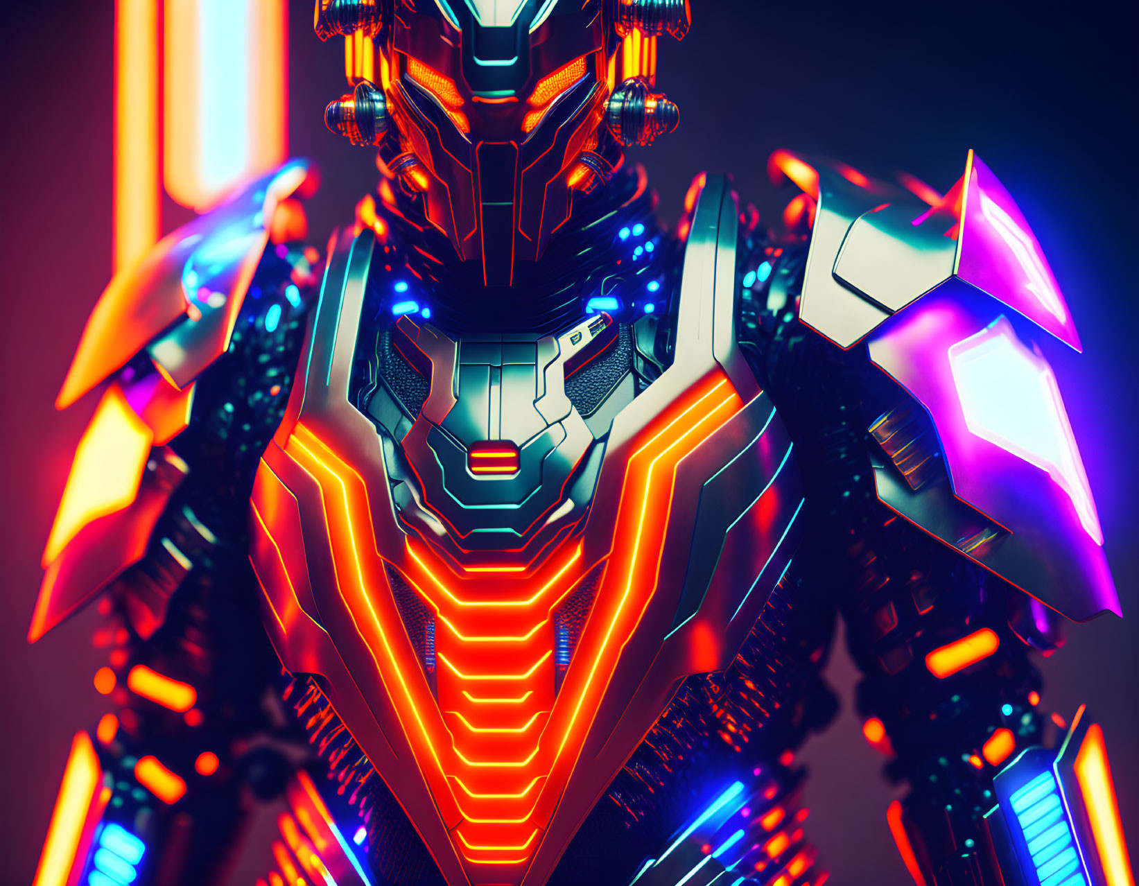 Futuristic armored robot with neon lights and intricate mechanical details