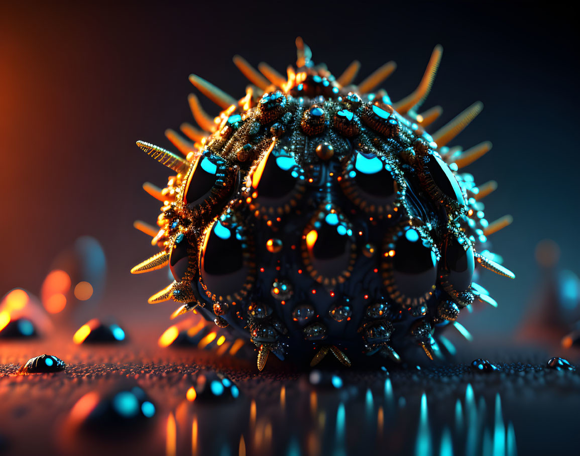 Detailed 3D rendering of spiked virus structure on dark blue and orange backdrop