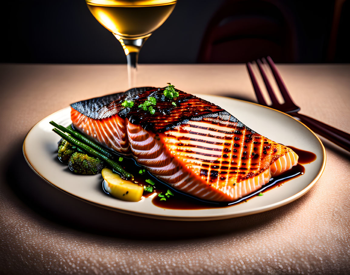 Grilled Salmon Fillet with Herbs and Lemon Next to White Wine